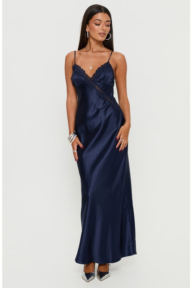Madelene Lace Trim Satin Gown, Alternate, color, NAVY