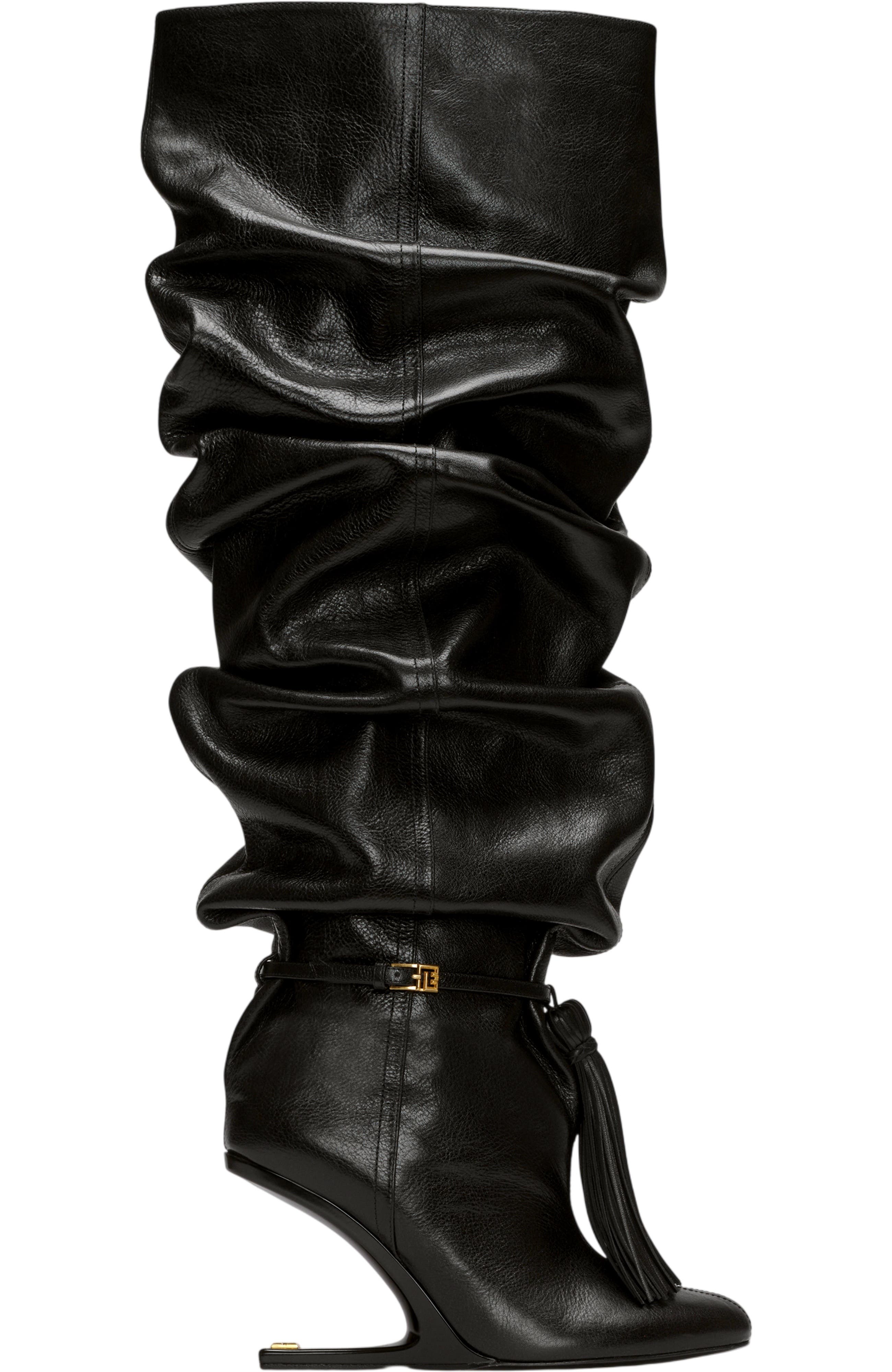 Balmain No Wedge textured leather thigh-high boots with tassel, Alternate, color, Black