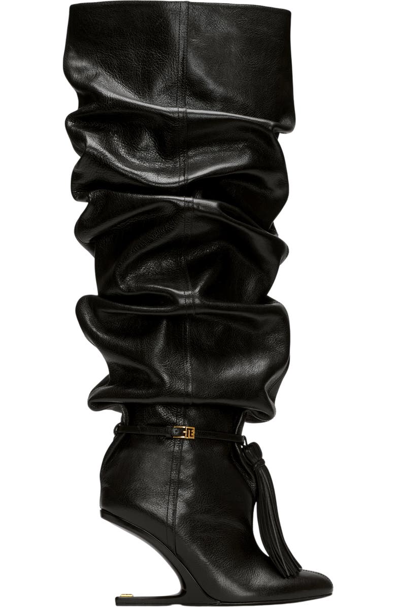 Balmain No Wedge textured leather thigh-high boots with tassel, Alternate, color, Black
