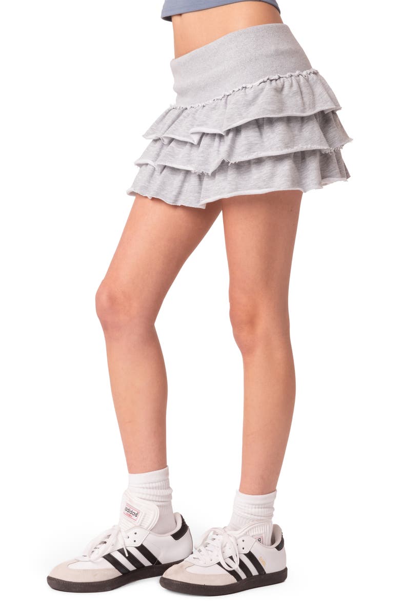 EDIKTED Martina Ruffle French Terry Miniskirt, Alternate, color, Gray-Melange