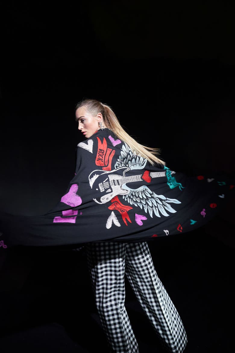 Embroidered Scarf With Tassels, Alternate, color, Black