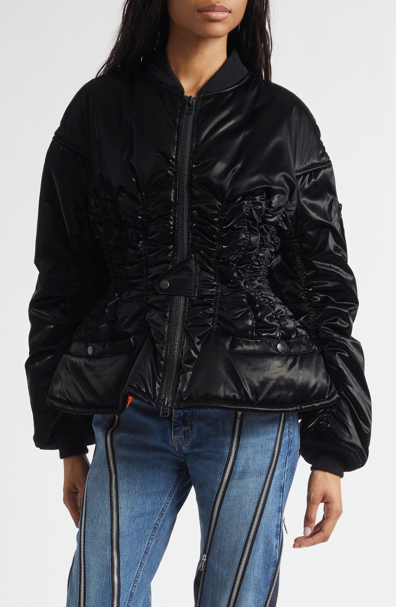 Junya Watanabe Ruched Bomber Puffer Jacket, Main, color, Black