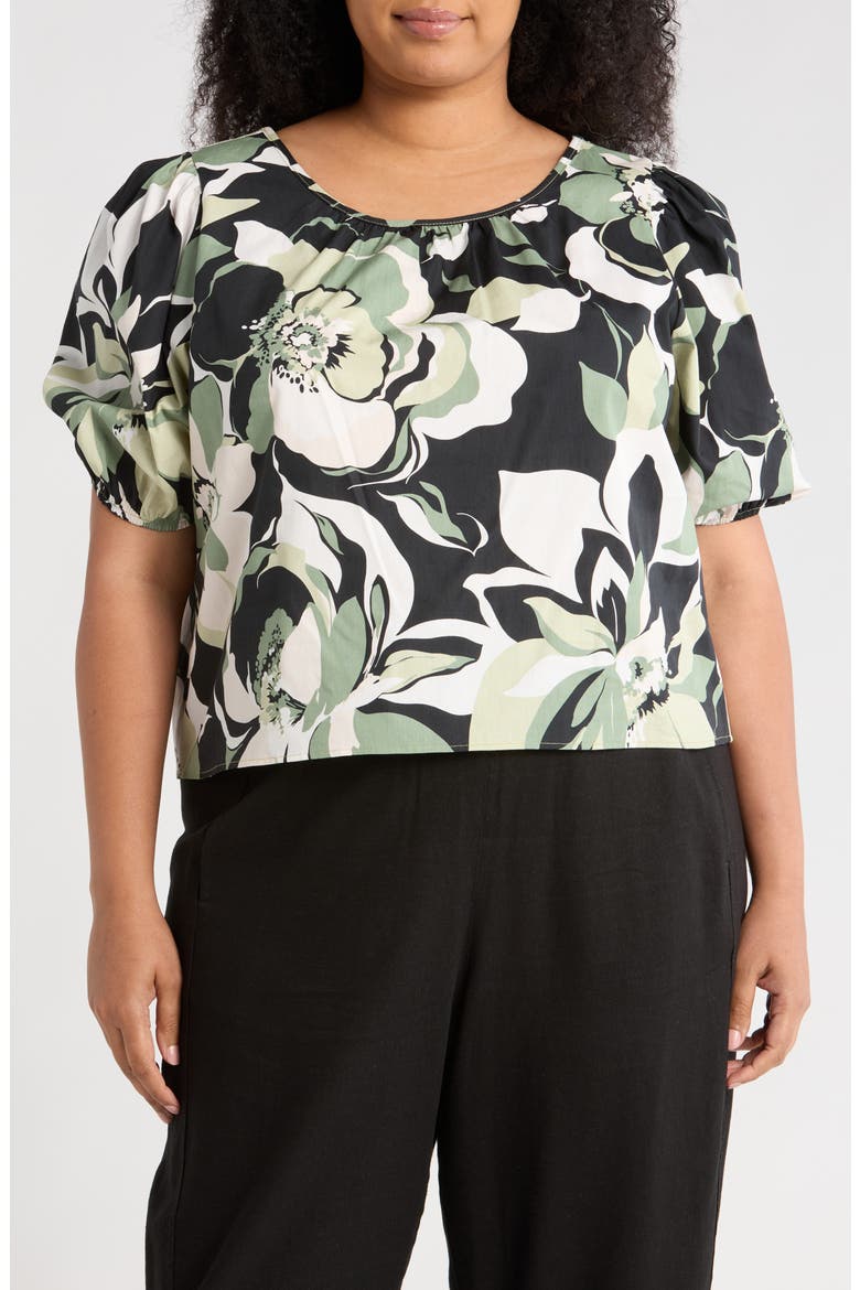 Floral Puff Sleeve Stretch Cotton Top, Main, color, OLIVE MULTI