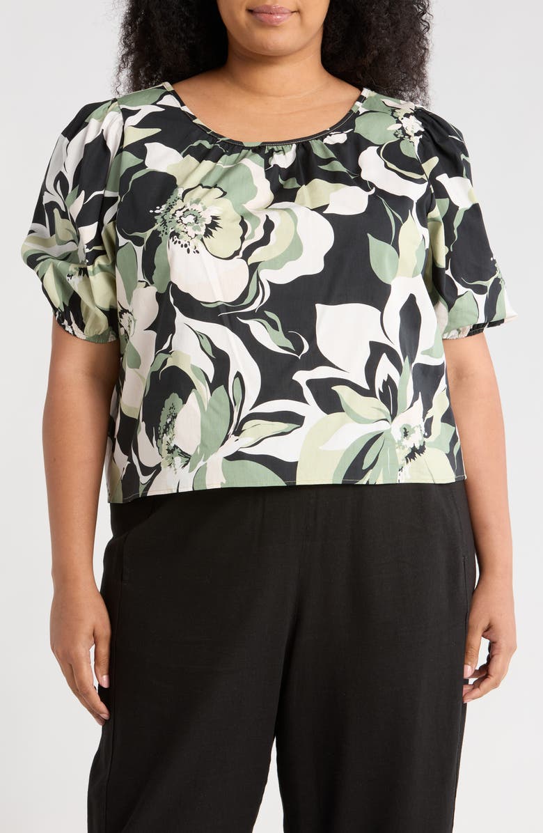 Renee C Floral Puff Sleeve Stretch Cotton Top, Main, color, Olive Multi