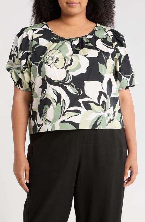 Floral Puff Sleeve Stretch Cotton Top (Plus)