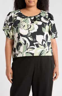 Renee C Floral Puff Sleeve Stretch Cotton Top