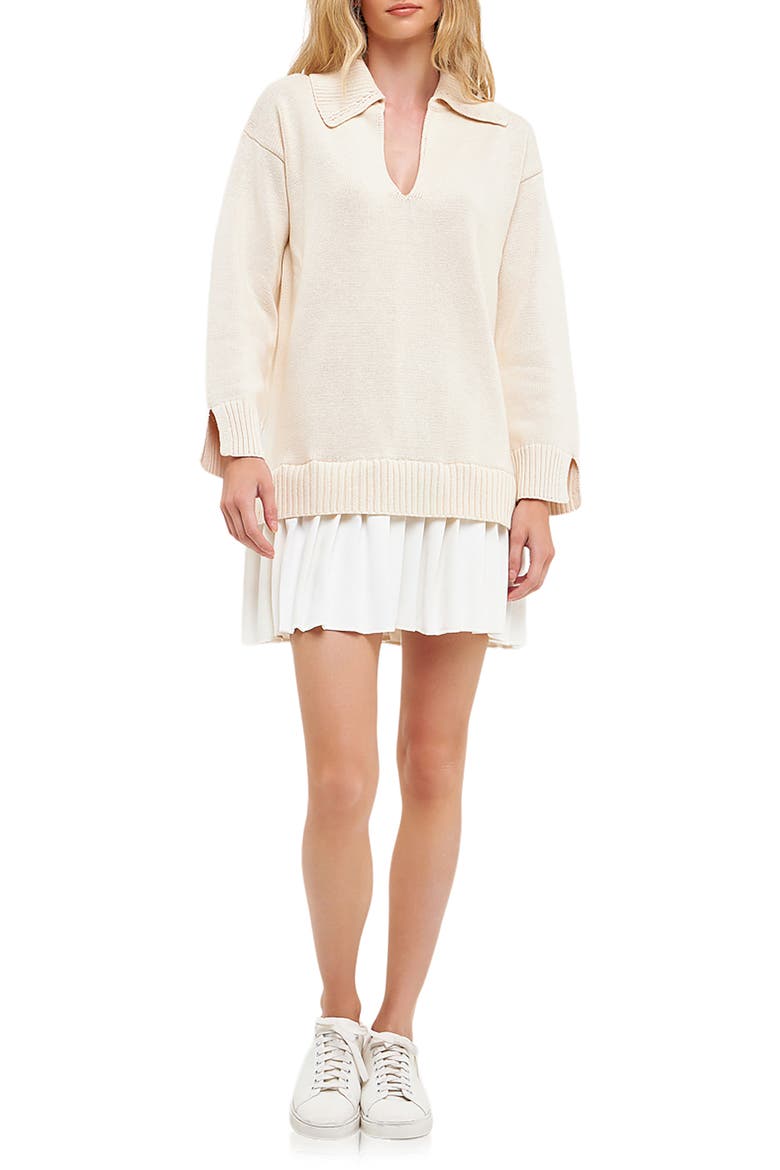 Mixed Media Pleated Minidress, Main, color, CREAM