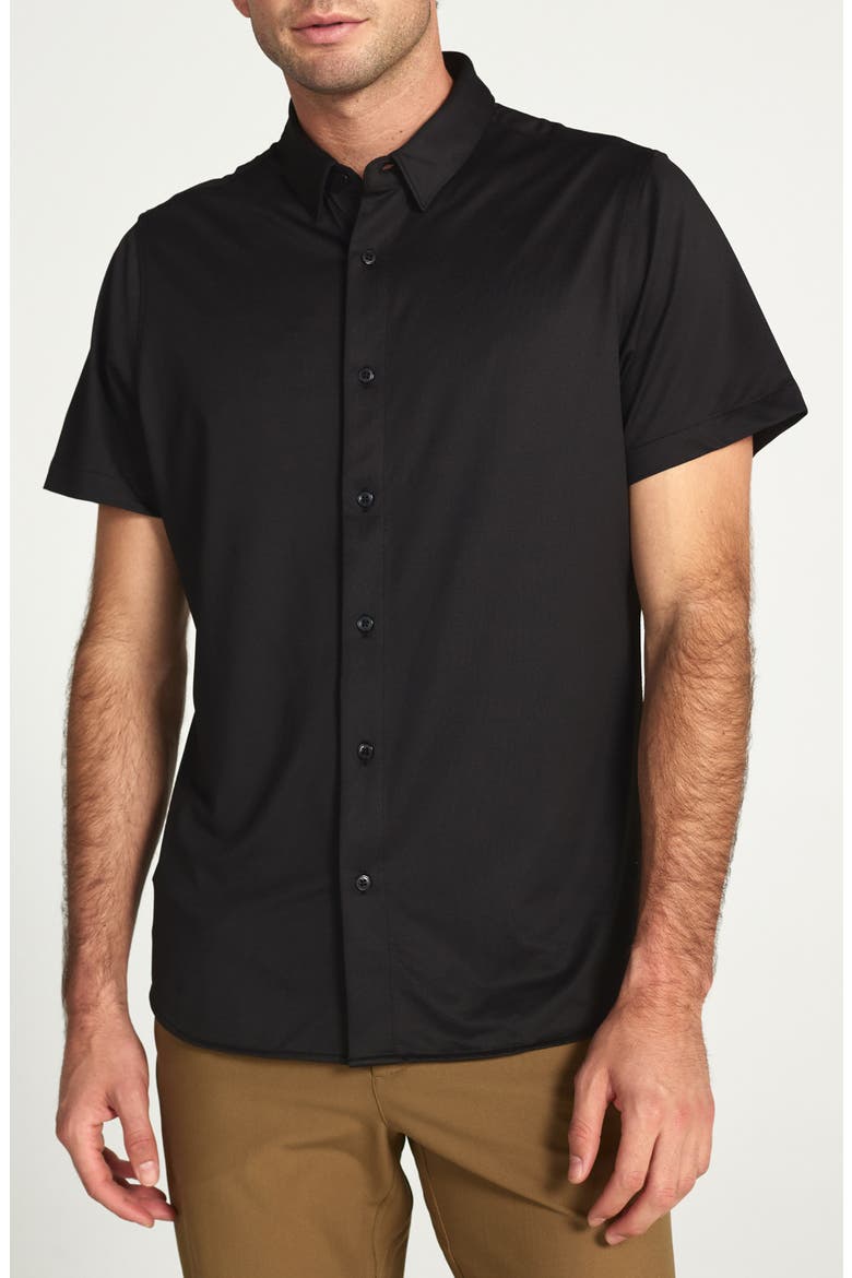 Owen Solid Short Sleeve Performance Button-Up Shirt, Main, color, BLACK