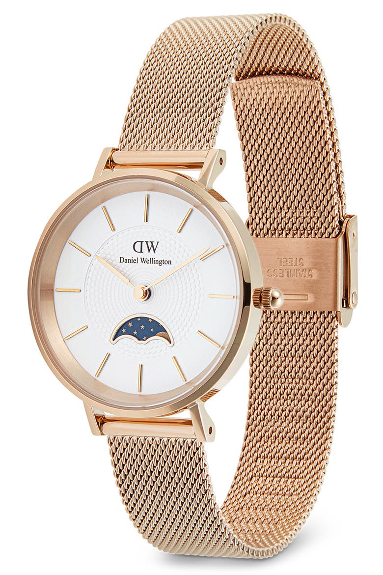 Petite Moonphase Mesh Strap Watch, 32mm, Alternate, color, ROSE GOLD