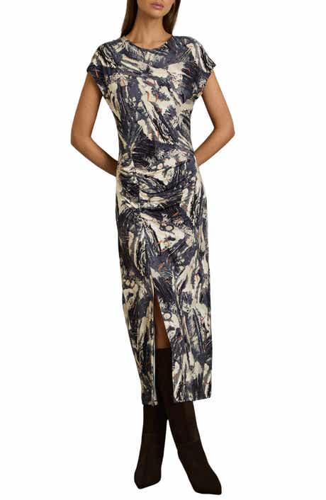 Reiss Lennia Cap Sleeve Ruched Jersey Midi Dress