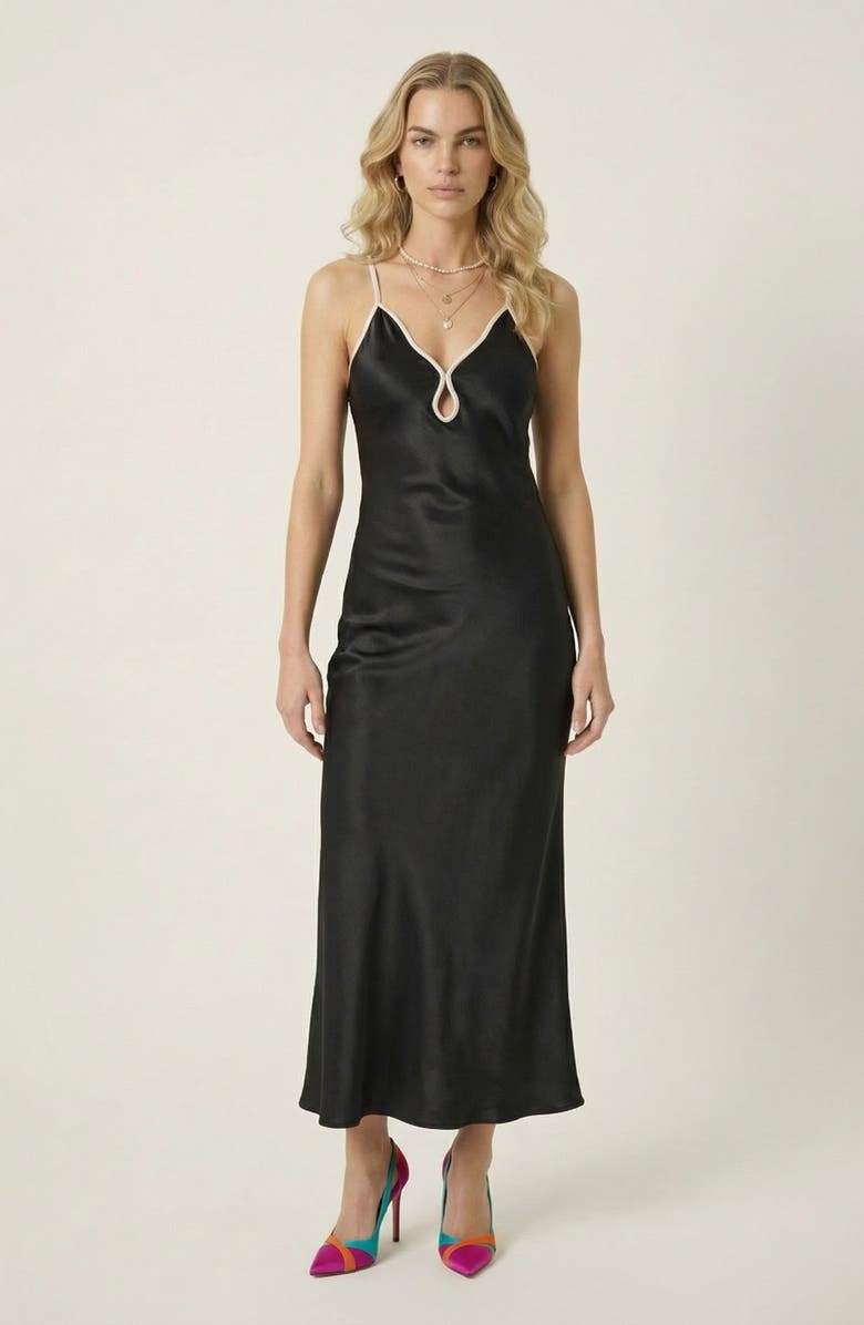 Modenaire Satin Plunging Cutout Maxi Dress, Main, color, Black / Cream