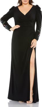 Mac Duggal Embellished Long Sleeve Faux Wrap Gown