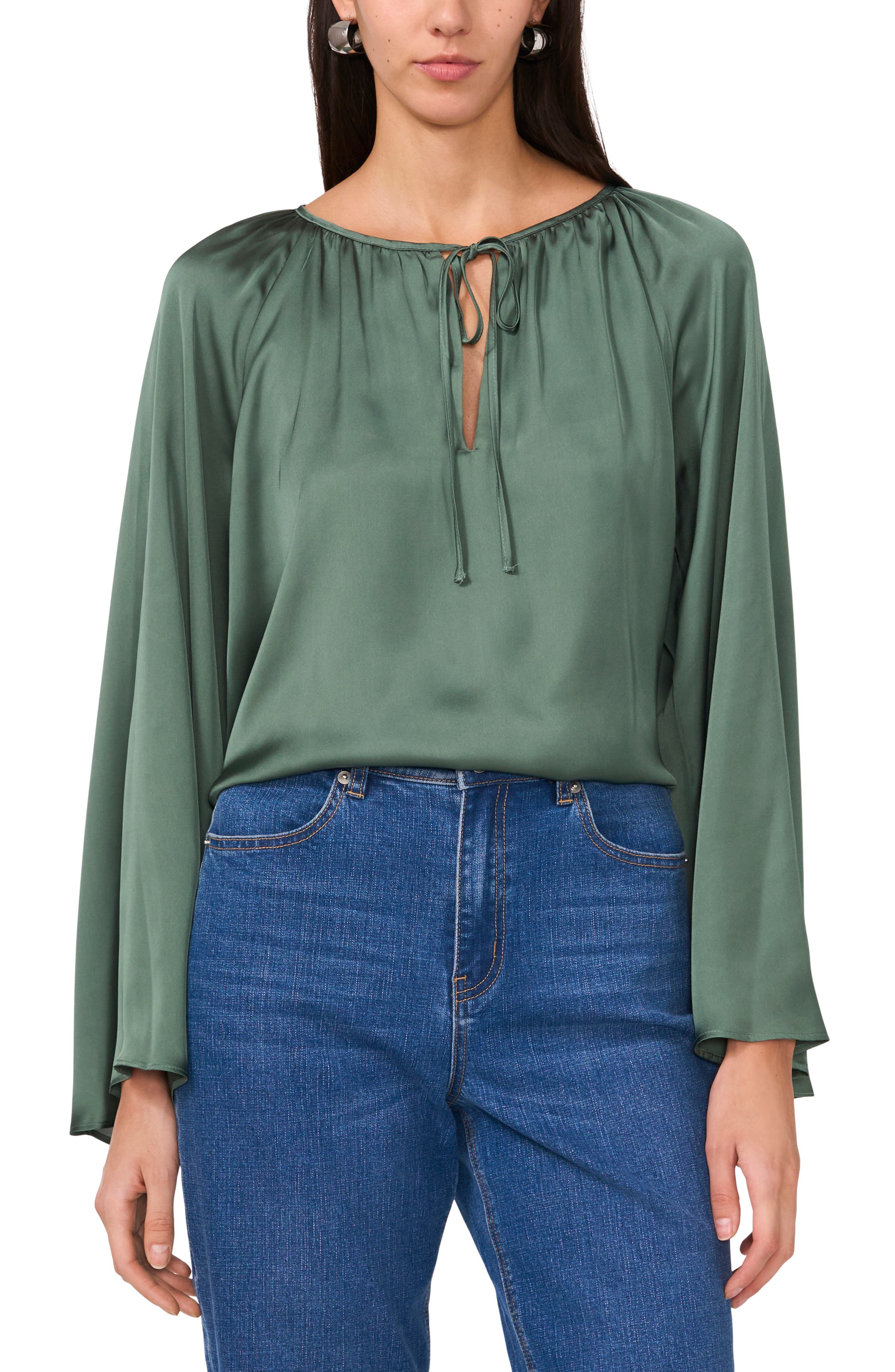 Tie Neck Wide Sleeve Satin Top