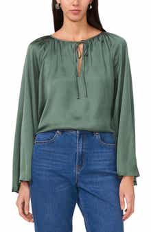 Tie Neck Wide Sleeve Satin Top
