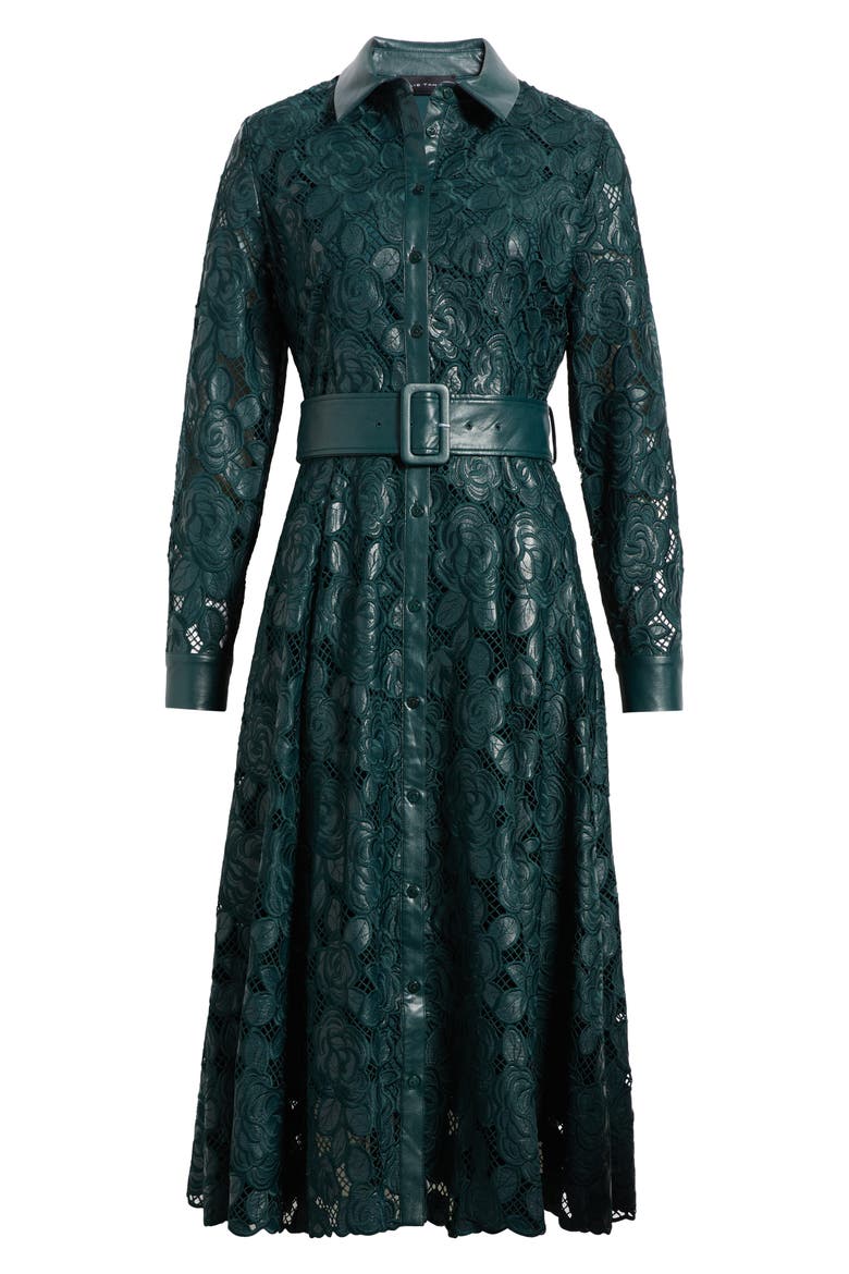 Kennedy Faux Leather Trim Lace Shirtdress, Alternate, color, ENCHANTED EVERGREEN