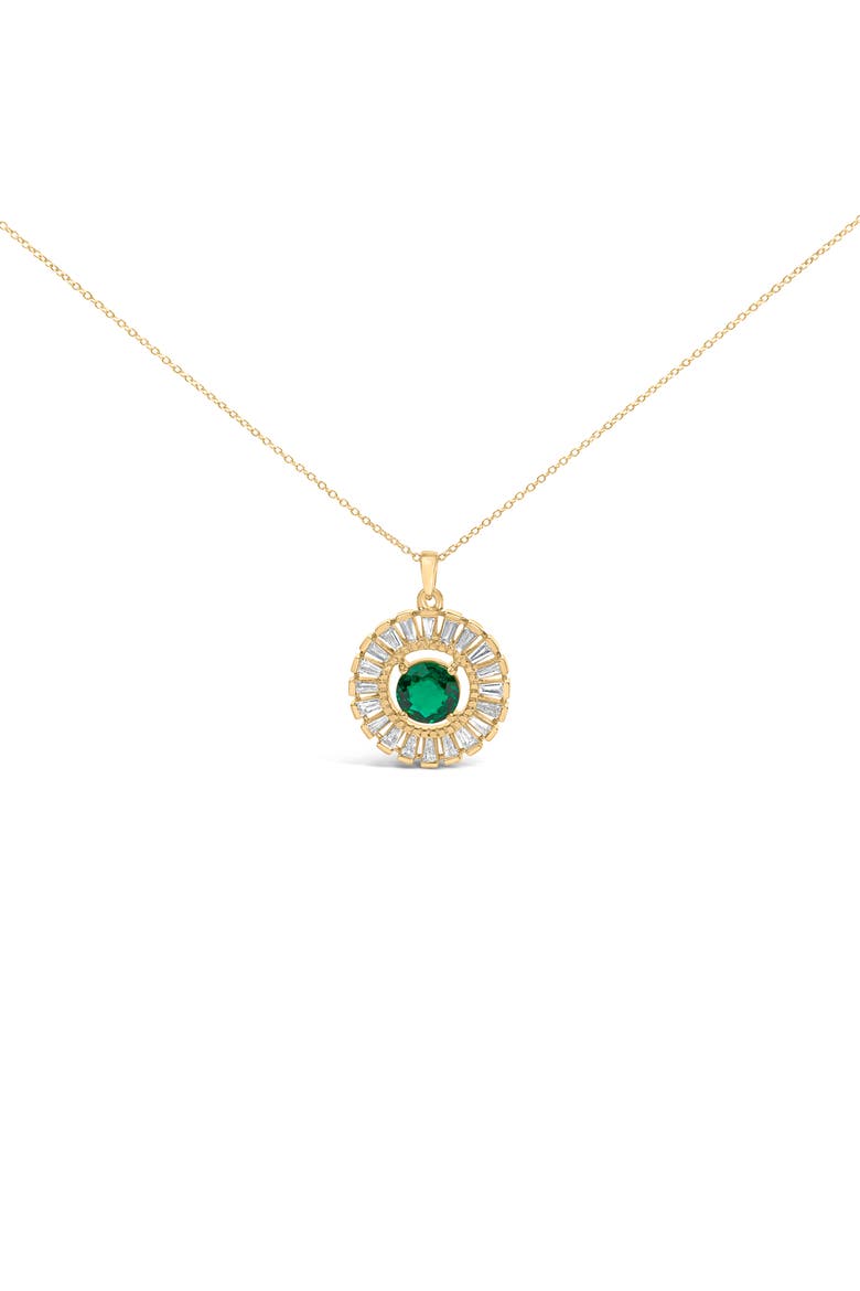 14K Yellow Gold Plated Silver Lab Grown Emerald and Diamond Sunburst Medallion Pendant Necklace, Main, color, Yellow Gold over Silver