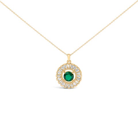 14K Yellow Gold Plated Silver Lab Grown Emerald and Diamond Sunburst Medallion Pendant Necklace
