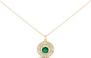 Haus of Brilliance 14K Yellow Gold Plated Silver Lab Grown Emerald and Diamond Sunburst Medallion Pendant Necklace