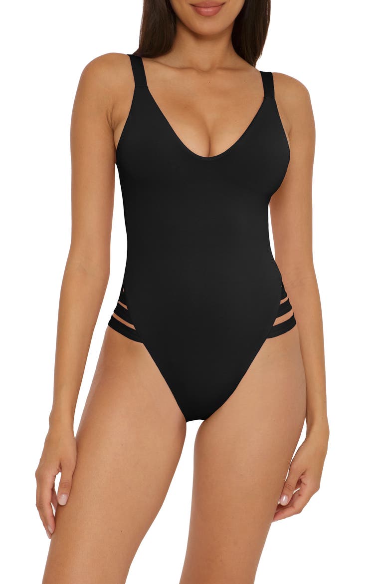 Color Code Leg Inset One-Piece Swimsuit, Main, color, BLACK