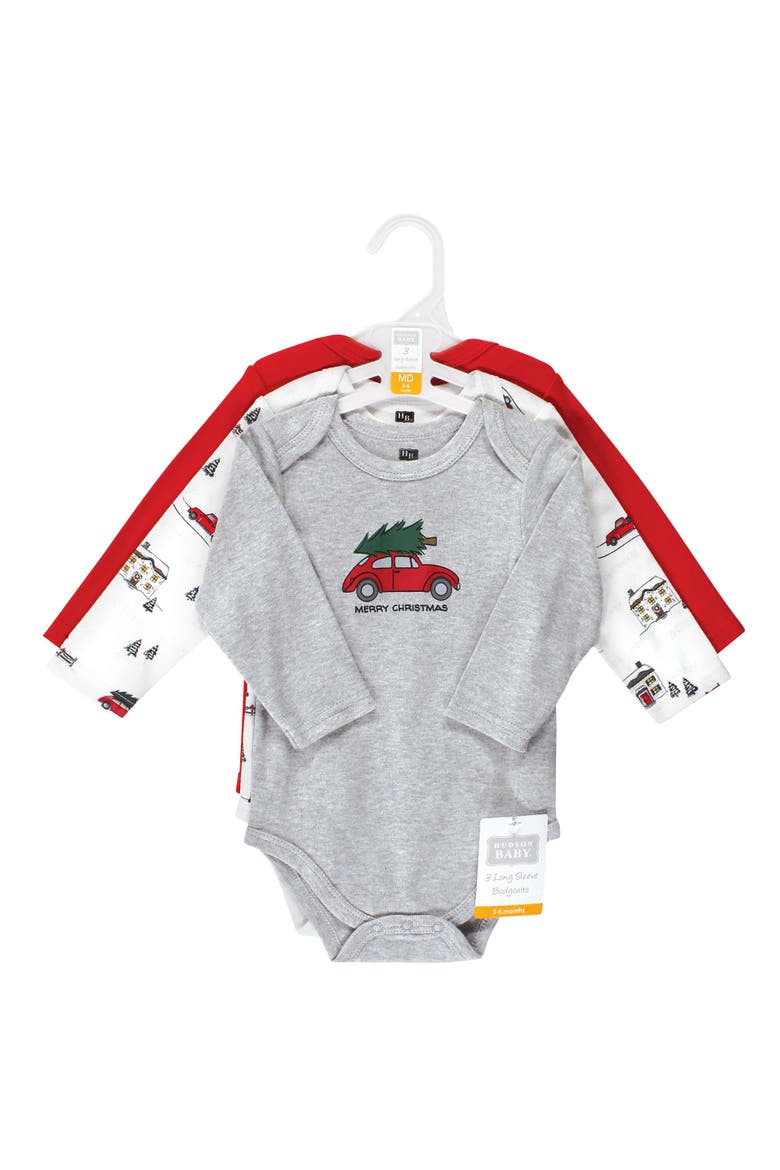 Essential Long-Sleeve Cotton Bodysuit Triple Set, Alternate, color, Christmas Scene