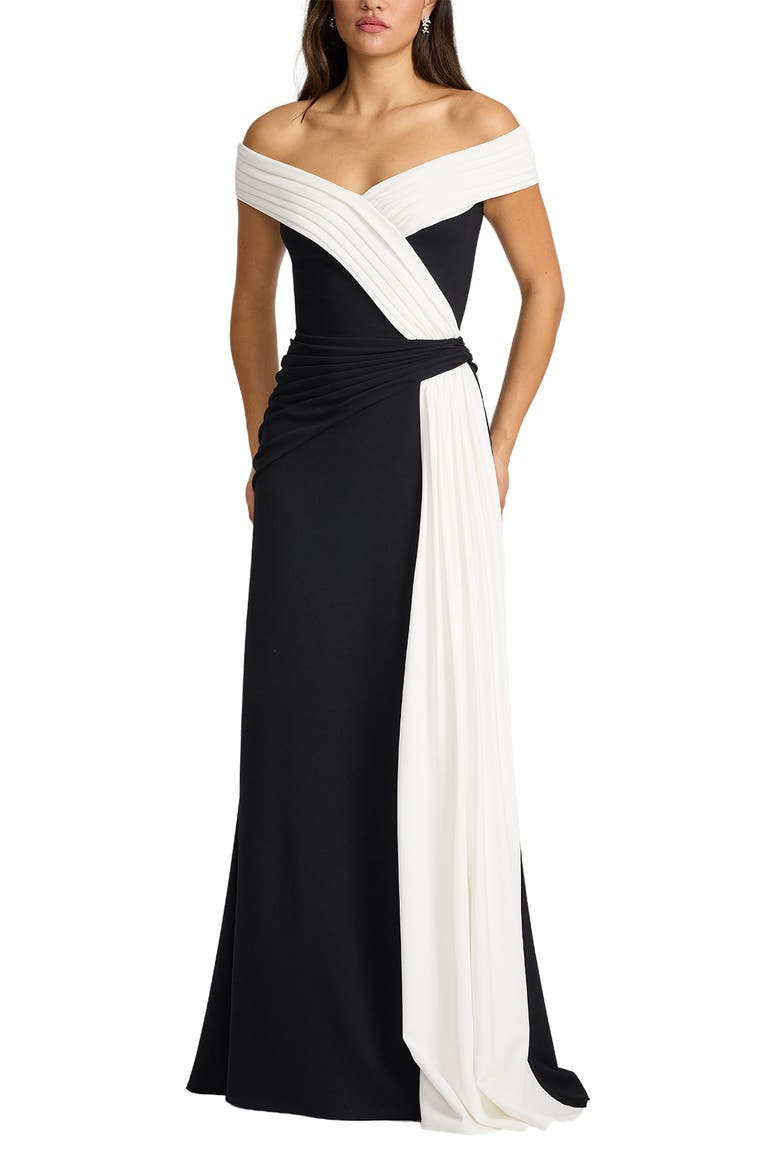 Off the Shoulder Draped Crepe Gown, Alternate, color, BLACK/ IVORY
