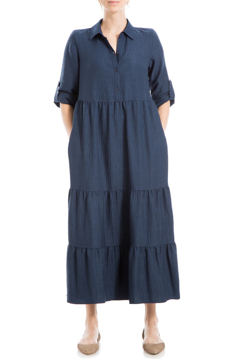 MAX STUDIO LONDON Tiered Long Sleeve Gauze Shirtdress, Alternate, color, Heather Navy
