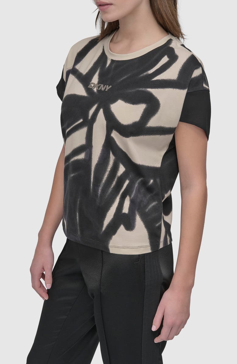 DKNY Print Cotton Blend Top, Alternate, color, Floral Black