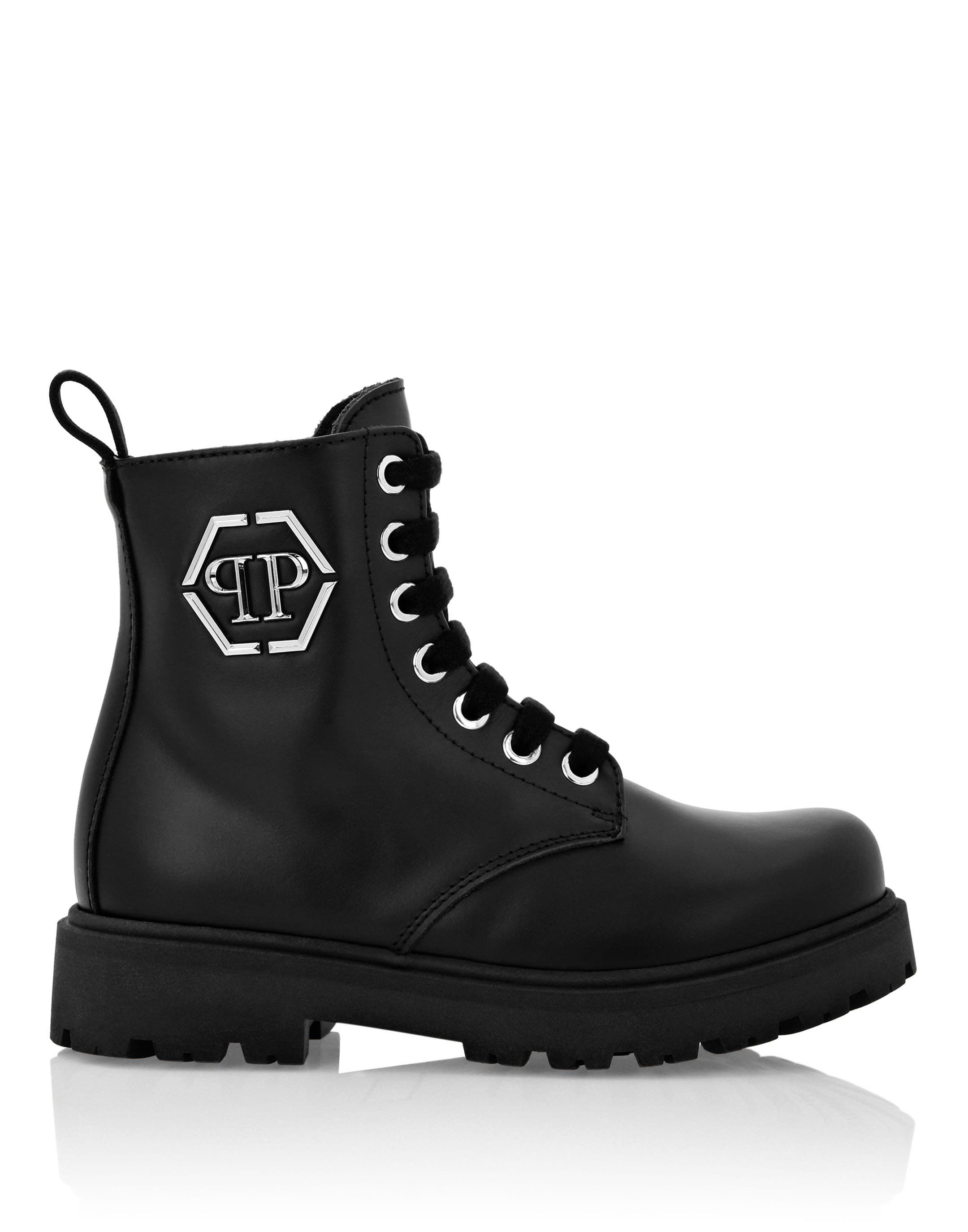 Leather Boots Low Lace Up Hexagon Boy, Alternate, color, black