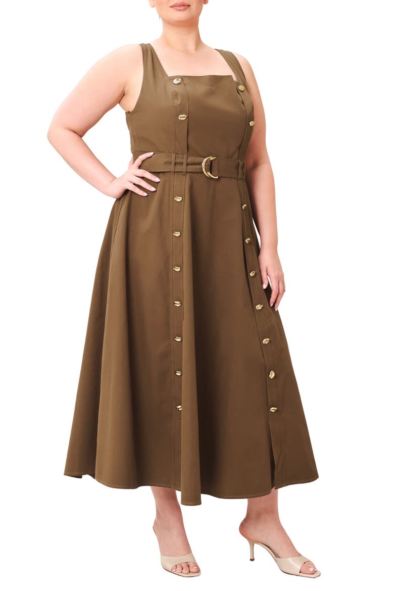 Square Neck Cotton Midi Dress with Belt, Alternate, color, BROWN