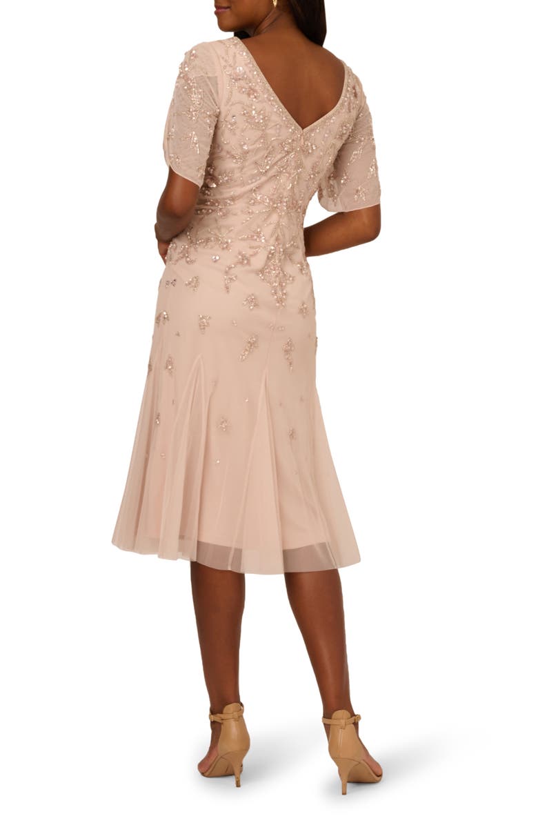 Adrianna Papell Beaded Mesh Godet Midi Cocktail Dress, Alternate, color, 