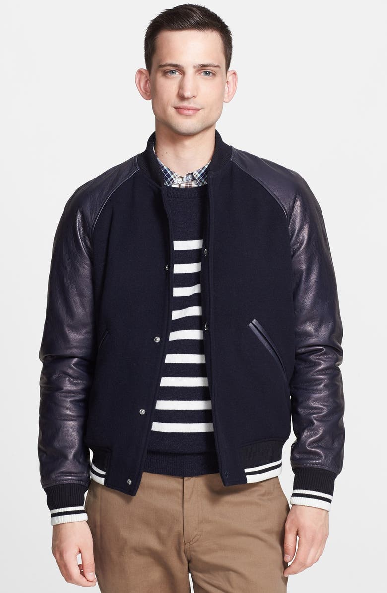 A.P.C. 'Kenickie Teddy' Wool Blend Baseball Jacket with Leather Sleeves, Main, color,