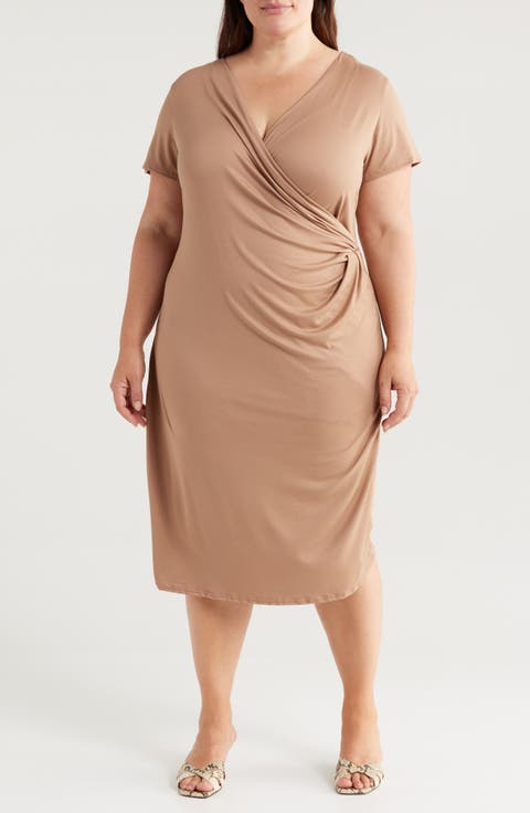 V-Neck Stretch Faux Wrap Dress (Plus)