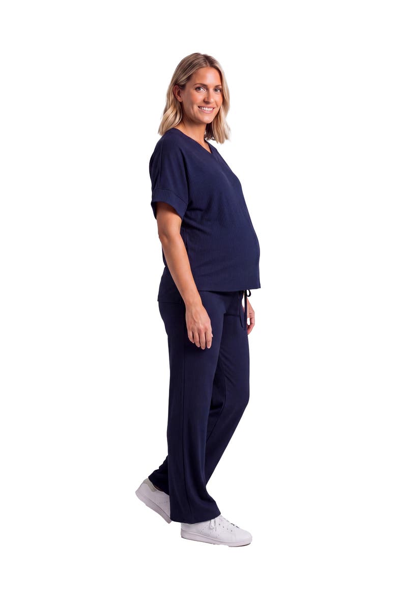 Maternity Basic Ribbed Knit Dolman Sleeve V-Neck Top and Drawstring Wide Leg Pant Set, Alternate, color, Navy
