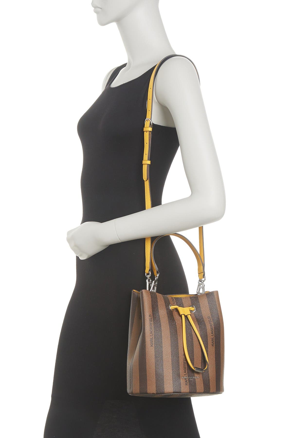 KARL LAGERFELD PARIS Adele Leather Stripe Print Bucket Bag, Main, color, 