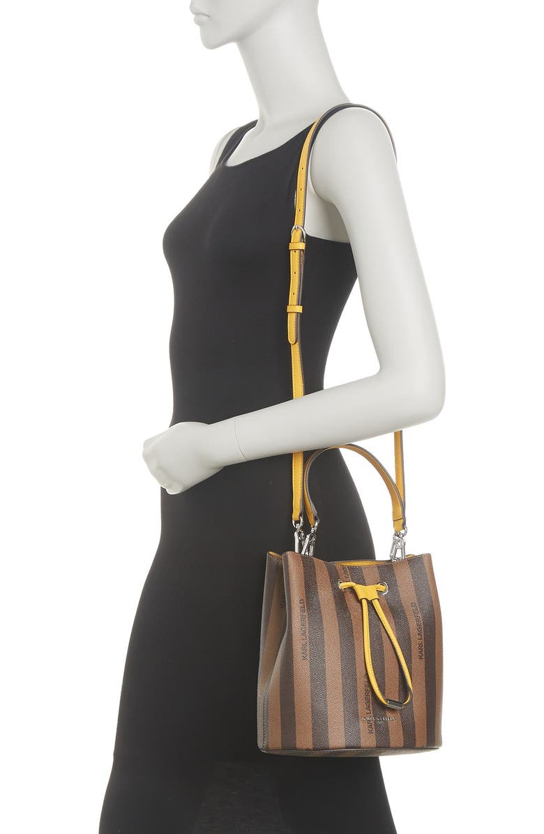 KARL LAGERFELD PARIS Adele Leather Stripe Print Bucket Bag, Main, color,