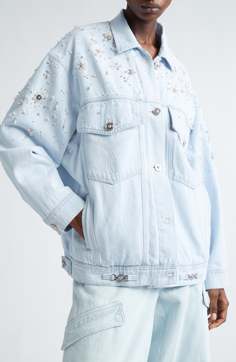 Versace Embellished Oversize Denim Jacket, Alternate, color, 