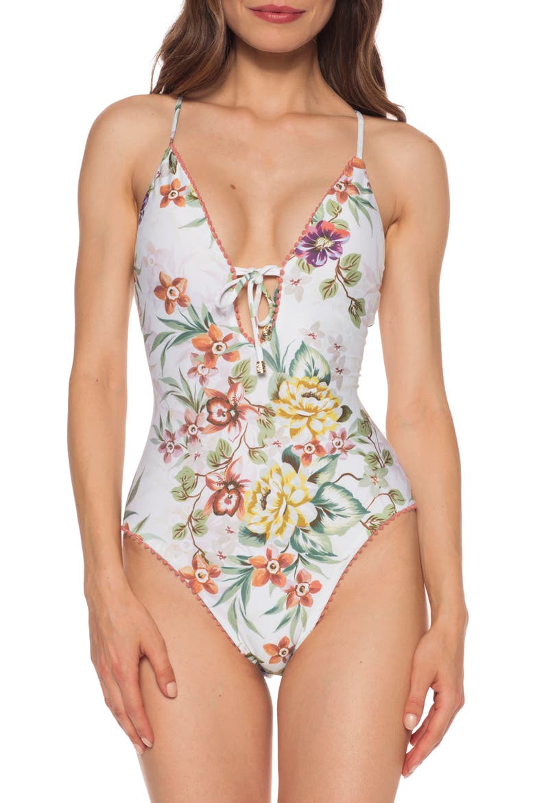 Enchanted Lace-Up One-Piece Swimsuit, Main, color, MULTI