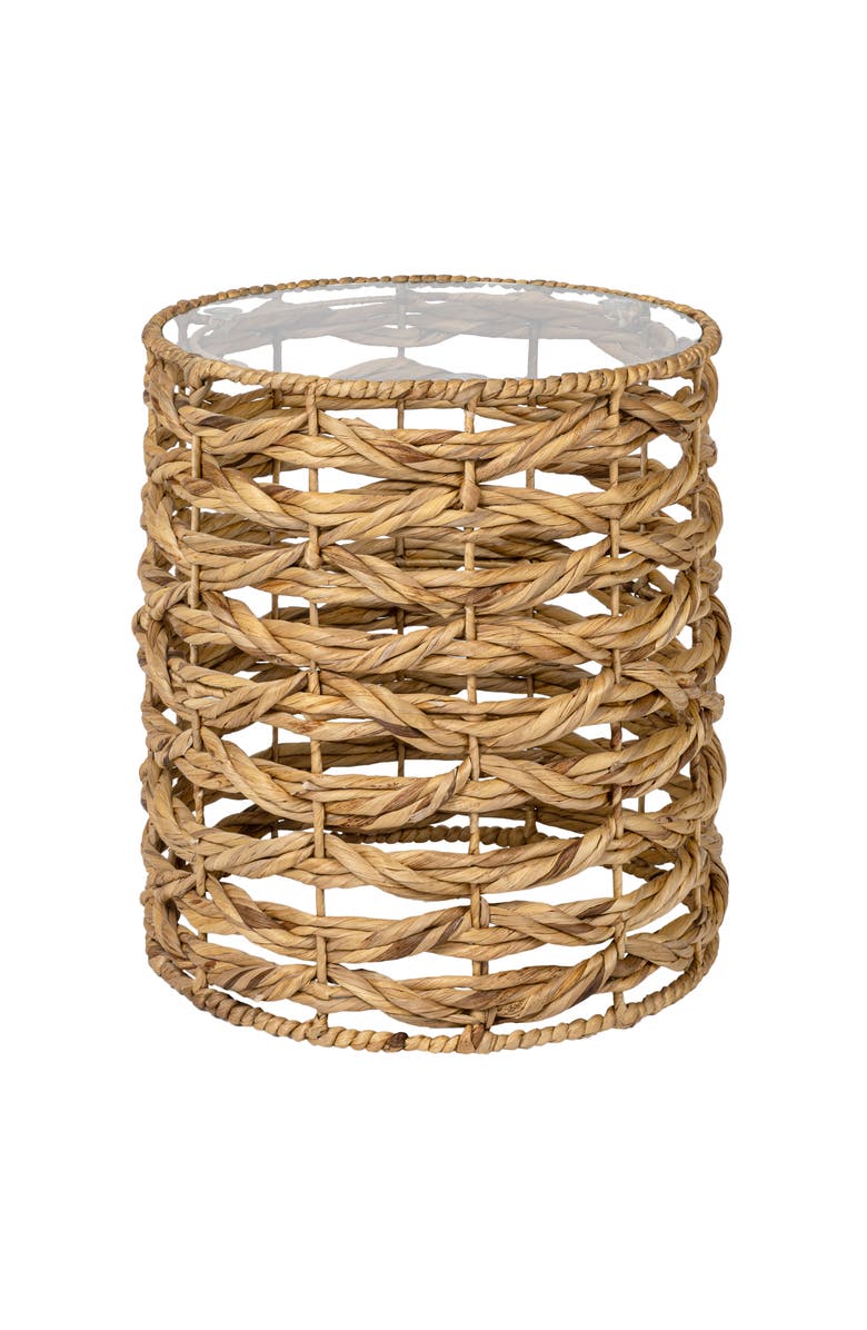 JONATHAN Y Malaya 16" Bohemian Coastal Handwoven Water Hyacinth Open Weave Round End Table with Glass Top, Main, color, Natural