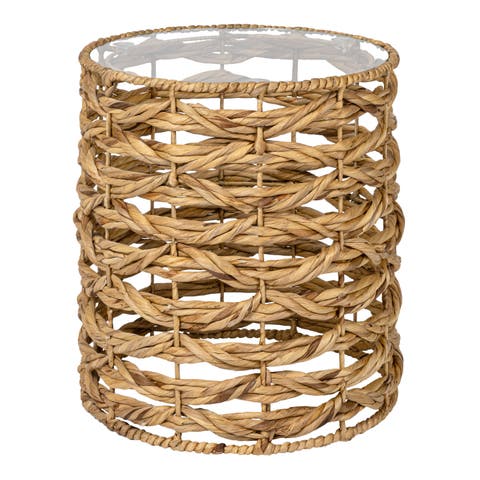 Malaya 16" Bohemian Coastal Handwoven Water Hyacinth Open Weave Round End Table with Glass Top