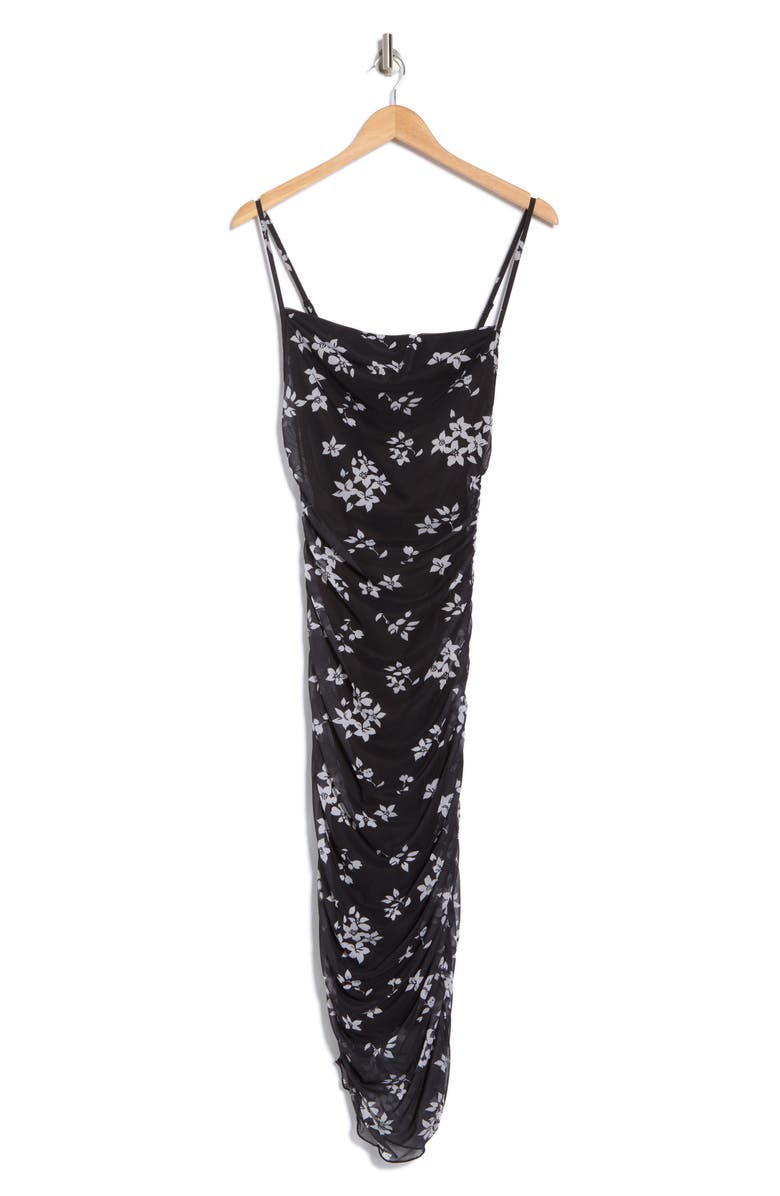 bebe Floral Shirred Mesh Slipdress, Alternate, color, Black/ Ivy