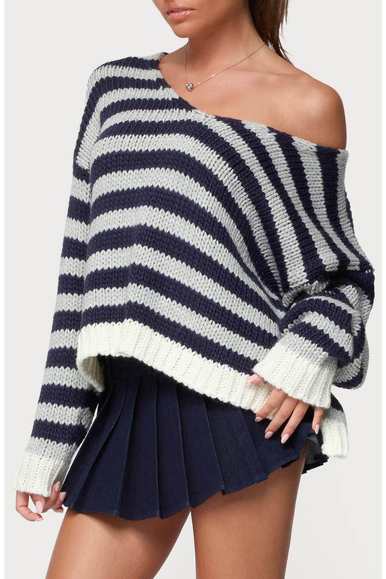Eugenie Stripe Oversize Off the Shoulder Sweater, Alternate, color, NAVY