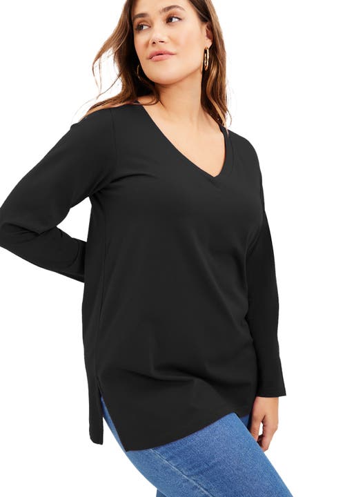 June + Vie Long-sleeve V-neck One + Only Tunic In Black