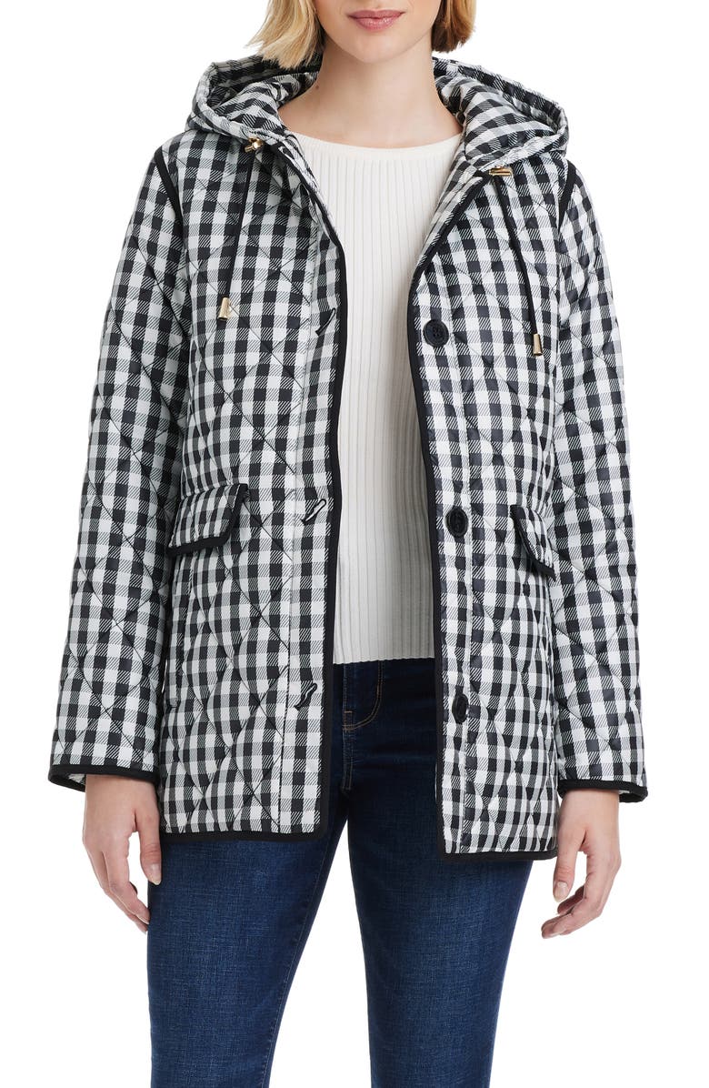 Kate Spade New York spade flower water resistant gingham quilted jacket, Main, color, Gingham Field Small