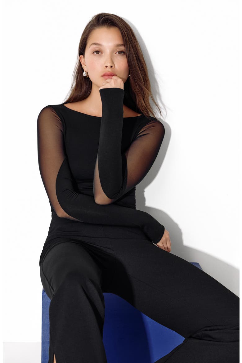 Adella Mesh Accent Bodysuit, Alternate, color, BLACK