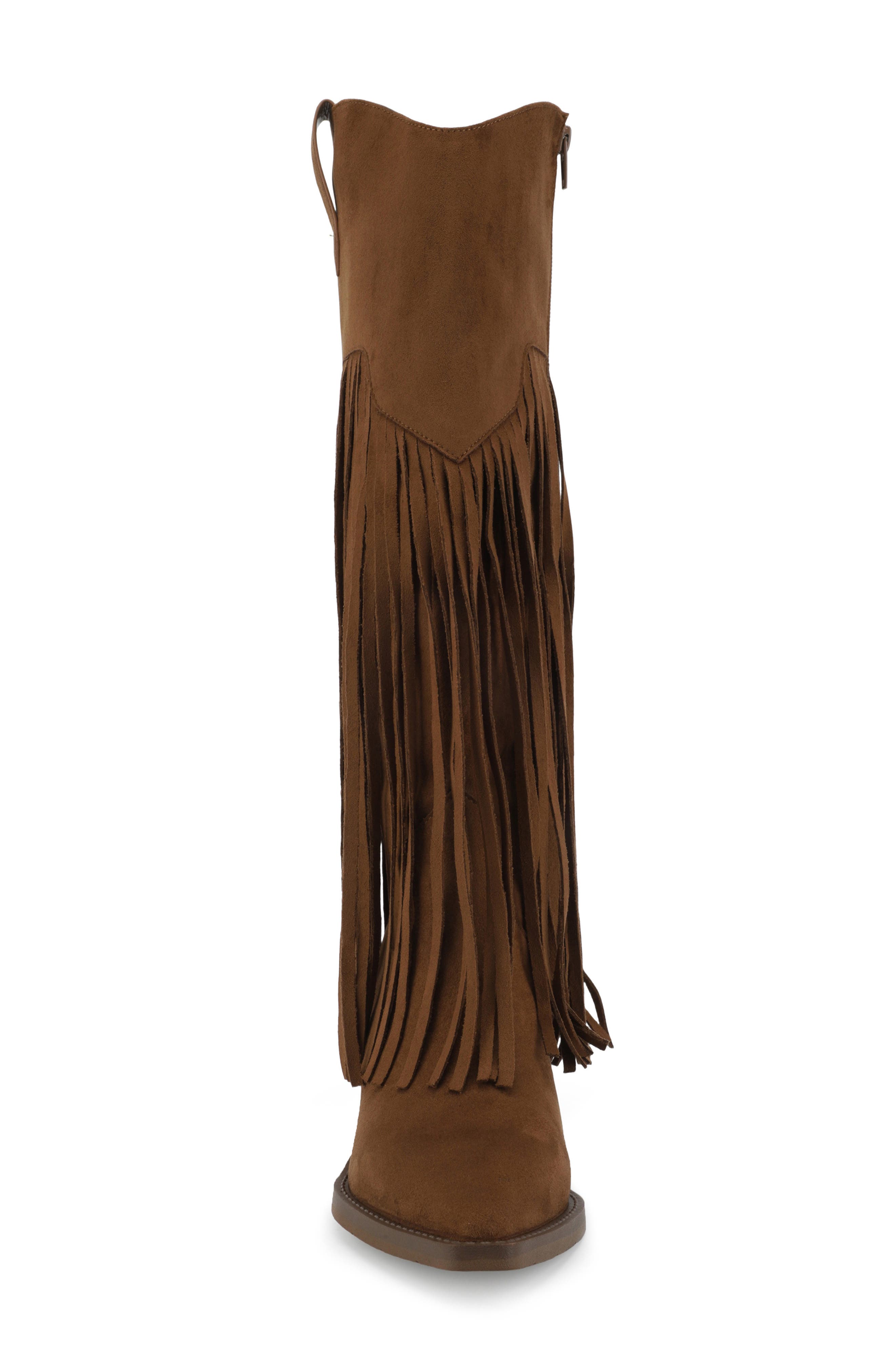 Yuma Fringe Knee High Western Boot, Alternate, color, COGNAC