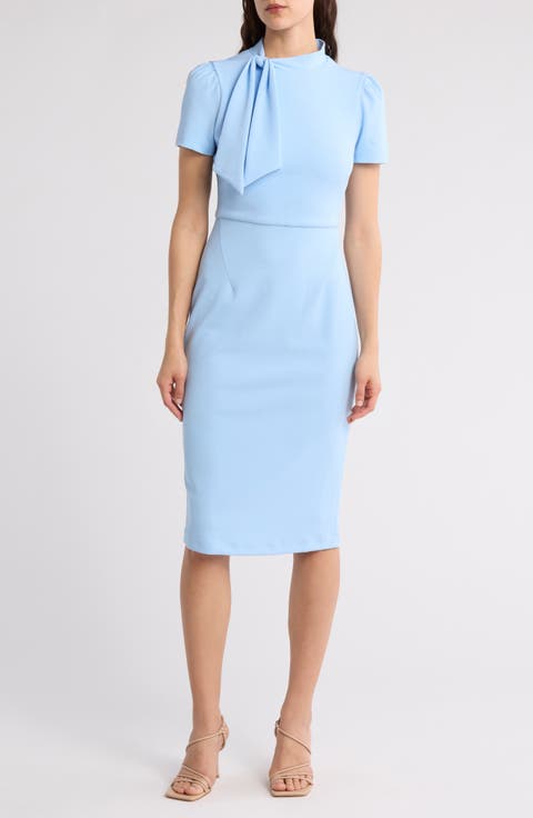 Tie Neck Puff Sleeve Scuba Crepe Dress