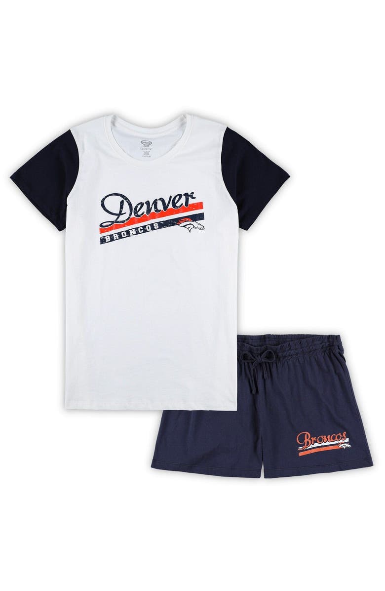 CONCEPTS SPORT Women's Concepts Sport White/Navy Denver Broncos Plus Size Downfield T-Shirt & Shorts Sleep Set, Main, color, 