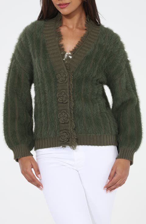 Fuzzy Flower Button Cardigan