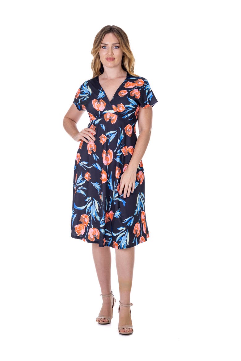 Petites Tulip Print V Neck Empire Waist Cap Sleeve Knee Length Dress, Main, color, Black Multi