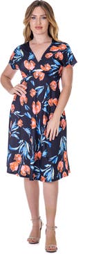 24seven Comfort Apparel Petites Tulip Print V Neck Empire Waist Cap Sleeve Knee Length Dress